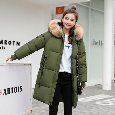 

Womens Hooded Fur Collar Down Cotton Coat Female Long Cotton Jacket Fashion Down Cotton Jacket 2018 Winter New Arrival