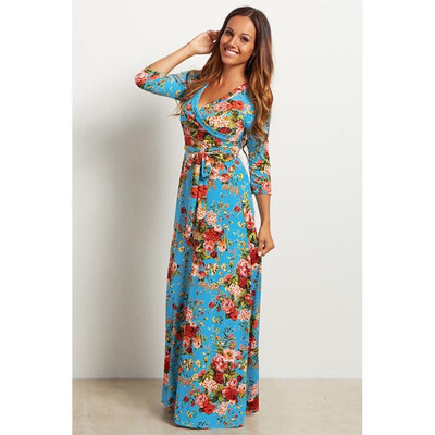 

2018 Summer Dress Sexy Deep V Neck Beach Casual Tunic Femme Vestidos Half Sleeve Boho Floral Printed Women Long Maxi Dresses