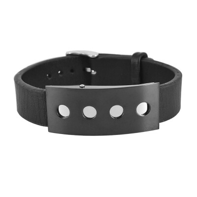 

4 Little Round Holes Stainless Steel Plate Mens Genuine Leather Bracelet Watch Band Bangle