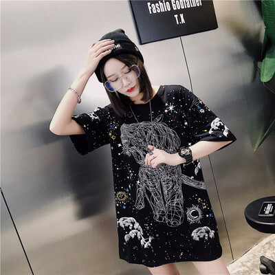

Summer Plus size Big And Loose Hiphop Girl Printed stars Punk Short Sleeved T Shirt