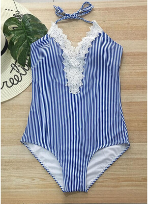 

2018 Halter Striped Lace Backless Wireless Monokini Women One Piece