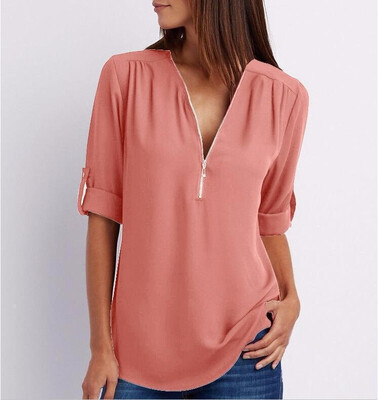 

Plus Size XS-5XL Women Sexy Deep V Neck Chiffon Zipper Shirt Ladies Fashion Casual Long Sleeves Tops Loose Long Shirt Blouse