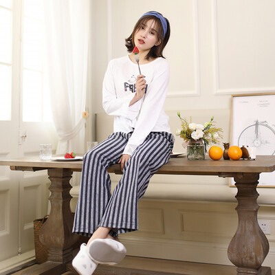 

Haizhining 17W46 pajamas ladies princess wind striped letters long-sleeved trousers home service suits girls home clothes two-piece can be worn outside blue&white 160