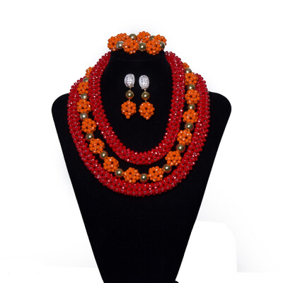 

African Bridal Crystal Jewelry Set Wedding Beads Jewelry Pearl Accessories Red And Yellow Nigerian Multilayer Bridal Necklace Set