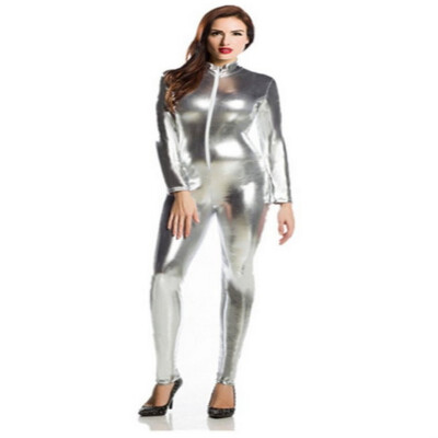 

24 Hrs Shipped Out Womens Metallic Clubwears Sexy Zentai Catsuit Front Zipper Long Sleeves Womens Turtleneck Unitards