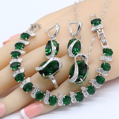 

925 Silver Bridal Jewelry Sets For Women Green Emerald Bracelet Earrings Necklace Pendant Rings