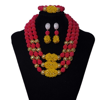 

3 Rows Red Rose Wedding Jewelry Set For Women African Crystal Beads Jewelry Nigerian Bridal Coral Ball Necklace Eearring Bracelet