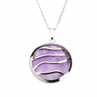 

Round River Lines Purple Quartz Crystal Pendant Stainless Steel Necklaces 17"