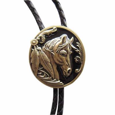 

Antique Bronze Plated Western Horse Head Oval Bolo Tie Leather Necklace