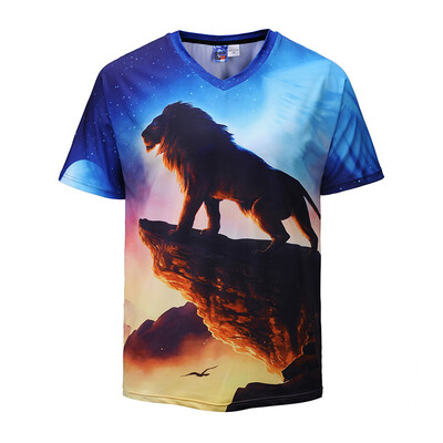 

Summer new V-neck creative lion 3D printing T-shirt tide brand loose short-sleeved tide brand mens clothing
