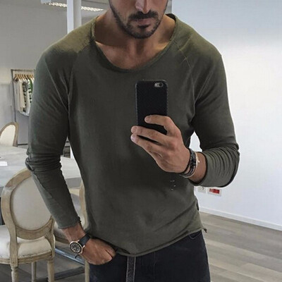 

Mens Fashion Casual Breathable Round Neck Long Sleeve Solid Color Raw Edge T-Shirt