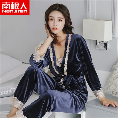 

Antarctic Nanjiren pajamas womens three-piece spring long-sleeved pajamas sexy Korean version of fresh students gold velvet autumn&winter womens pajamas Navy M