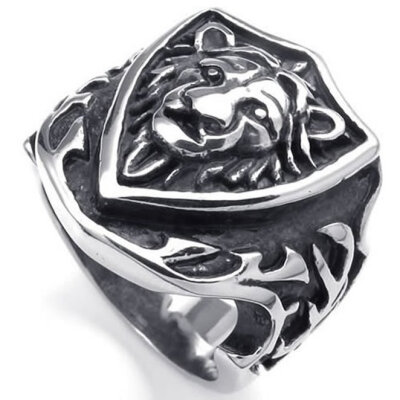 

Hpolw Vintage fashion black&silver Stainless Steel Gothic Lion head Shield Biker Charm Animal Ring