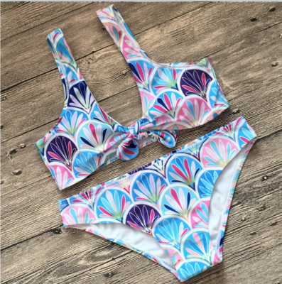 

2018 Sexy Print Vest Women Bikinis Set Strap Swimsuit Women Mid Waist Swimwear Front Tie Knot Biquini Bathing Suit