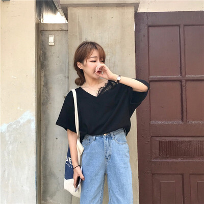 

women wear korean style loosen V neck loosen collar lace side sling short sleeve off shoulder T-shirt
