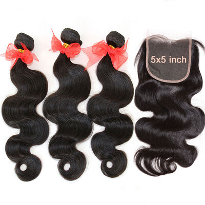 

10A 5x5 Lace Closures With 3 Bundles Indian Virgin Human Hair Weaves Body Wave Unprocessed Remy Hair Natural Color Can Bleach 613