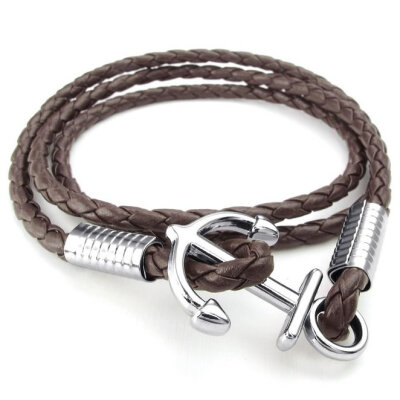 

Hpolw Mens Womens Leather Bracelet, Braided Anchor Wrap Bangle, Brown Silver