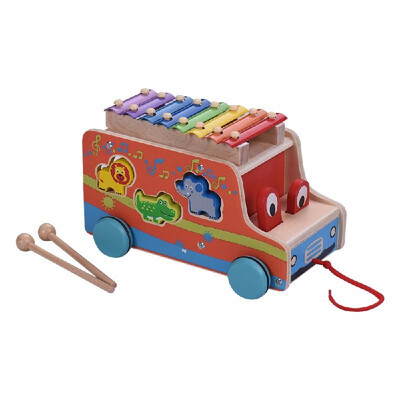 

Multifunctional Wooden Pull Bus with 8 Notes Xylophone Glockenspiel 6 Cute Animal-shaped Blocks Early Educational Toy Percussion I