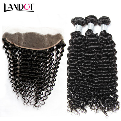 

9A Lace Frontal Closure With 3 Bundles Malaysian Curly Virgin Human Hair Weaves 4 Pcs Unprocessed Deep Kinky Curly Hair Extensions