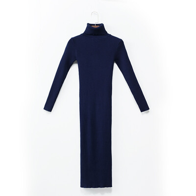 

Canvaus Autumn Women Medium Long Section High Collar Solid Slim Bottoming Dress Knitted One-piece Dress