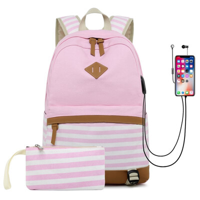 

Marsoul School Backpack Girls School Bag Canvas Backpack Satchels Backpack Stripe Backpack with 156 inches USB Charging Port