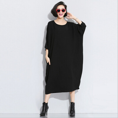 

Lovaru ™ Autumn Europe and large size women loose solid bat sleeve knee length dress Dress was thin fat  Autumn