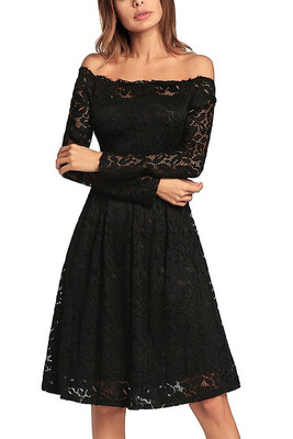 

Vintage Lace Off the Shoulder Long Sleeve A Line Pleated Dress