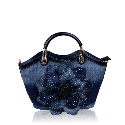 

2016 Brand new denim cloth women leather handbag diamond roses canvas shoulder bag lady messenger bag large tote bag
