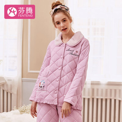 

Fenton quilted padded ladies pajamas 2018 autumn&winter new print lapel long sleeve comfortable home service F98940014 light powder