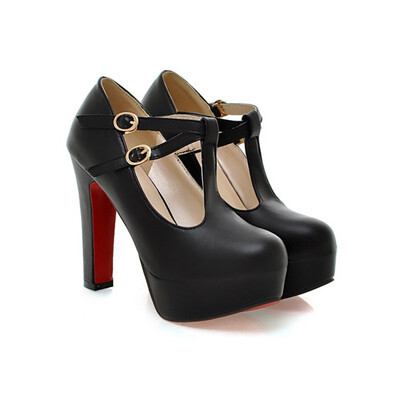 

IDIFU Womens Trendy Buckle T-Strap Round Toe Dress Shoes Chunky High Heel Platform Pumps