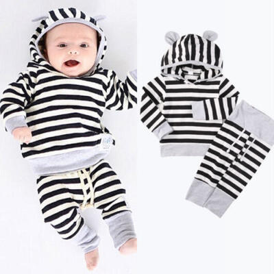 

0-24M Newborn Baby Kids Girls Clothes Striped Hooded TopsLong Pants Outfits Set