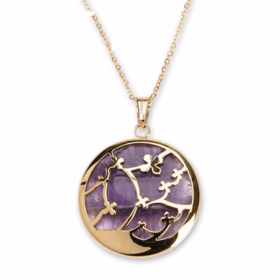 

Round Plum Branch Purple Quartz Crystal Pendant Stainless Steel Necklaces 17