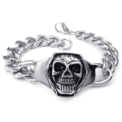 

Hpolw Mens silver&black Stainless Steel Lobster Clasps Bracelet and Gothic Skull/skeleton Charm Biker Link punk Bracelet