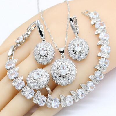 

Semi-precious 925 Logo Silver Jewelry Sets For Women Earrings Bracelet Rings Necklace Pendant