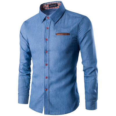 

AOWOFS quality mens pockets skinned cotton long-sleeved shirt denim shirt N13
