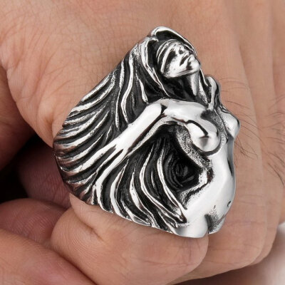 

Hpolw Men's Large Heavy Stainless Steel Ring Silver Black Angel Goddess Vintage Biker