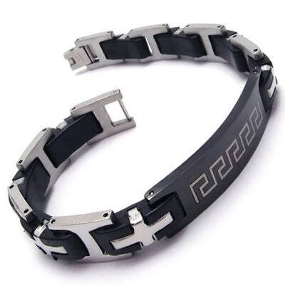 

Hpolw black&silver Rubber Stainless Steel Cross link chain Men's Bolt buttoned Bangle/Bracelets