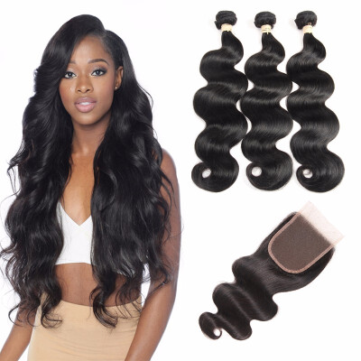 

HCDIVA Virgin Hair 3 Bundles With Closure Brazilian Body Wave Human Hair Bundles Plus Closure Free Middle Three Part 4 pcslot