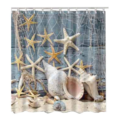 

UpperX Fabric Waterproof Bathroom Shower Curtain Panel Sheer Decor With Hooks SetFishing net starfish shells