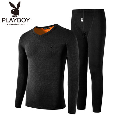 

Playboy thermal underwear mens suit plus velvet thick wool V-neck bottoming autumn clothes long pants warm suit male 8316 black