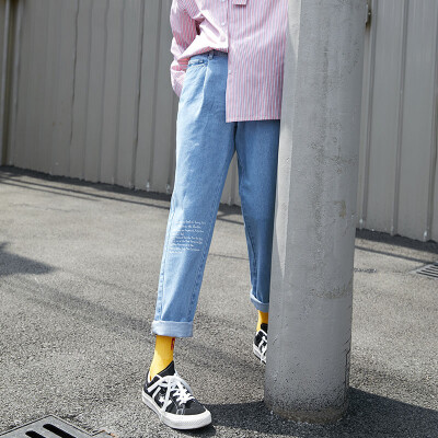 

PASS2018 autumn new letter printing light color jeans female loose student casual pants trousers tide 68318PA15056 wash blue