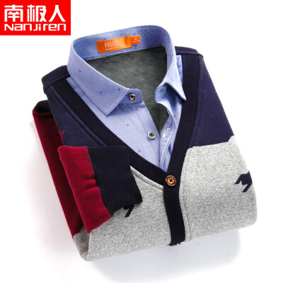 

Antarctic long sleeve plus velvet warm shirt mens autumn&winter casual middle-aged large size mens sanding loose mens shirt red gray navy blue L