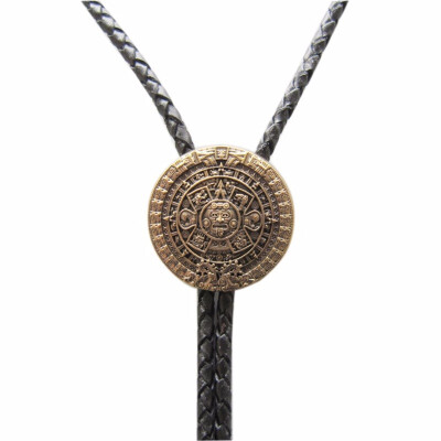 

Vintage Gold Plated Aztec Calendar Wedding Bolo Tie Leather Necklace