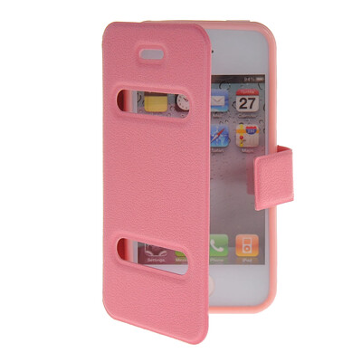 

MOONCASE View Window Leather Side Flip Pouch Stand Shell Back Case Cover for Apple iPhone 4 / 4S Pink