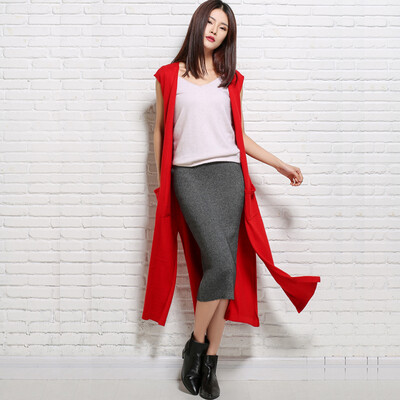 

MAZOE pure color tide section plus thin section vest knitted cardigan Z1197 red uniform