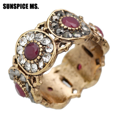 

New Turkish Flower Retro Vintage Rings Antique Gold Color Ethnic Crystal Hollow Out Royal Wedding Ring Jewelry Anillos Mujer