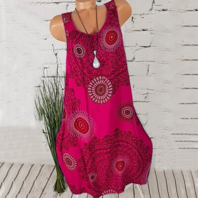 

New Fashion Women Printing Sleeveless Tank Dress Vintage Bohemian Midi Dress