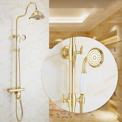 

Polished Gold Bathroom Thermostatic Shower Faucet Set In Wall Bath Shower Mixers with Hand Shower bathtub Spout 8" Rainfall Head