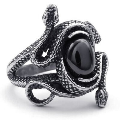 

Hpolw Vintage Stainless Steel Double Snake Band Biker Mens Ring Black Silver