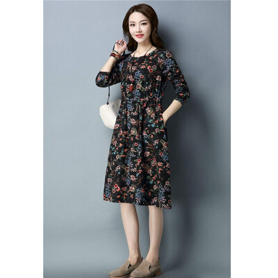 

Fanru Vatican Womens Large Size Womens Spring&Autumn New Casual Lady Joker Dress Long Fat MM Cotton Fashion Long Sleeve Prin